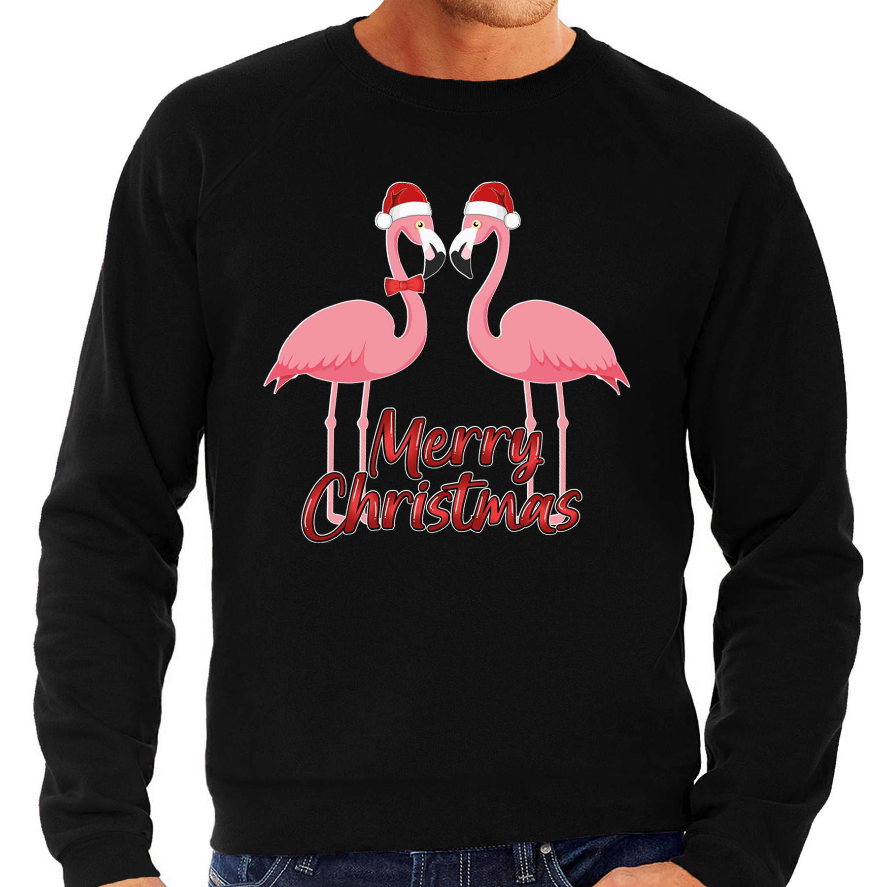 Foute Kersttrui / sweater - voor heren - Merry Christmas - zwart - flamingo's
