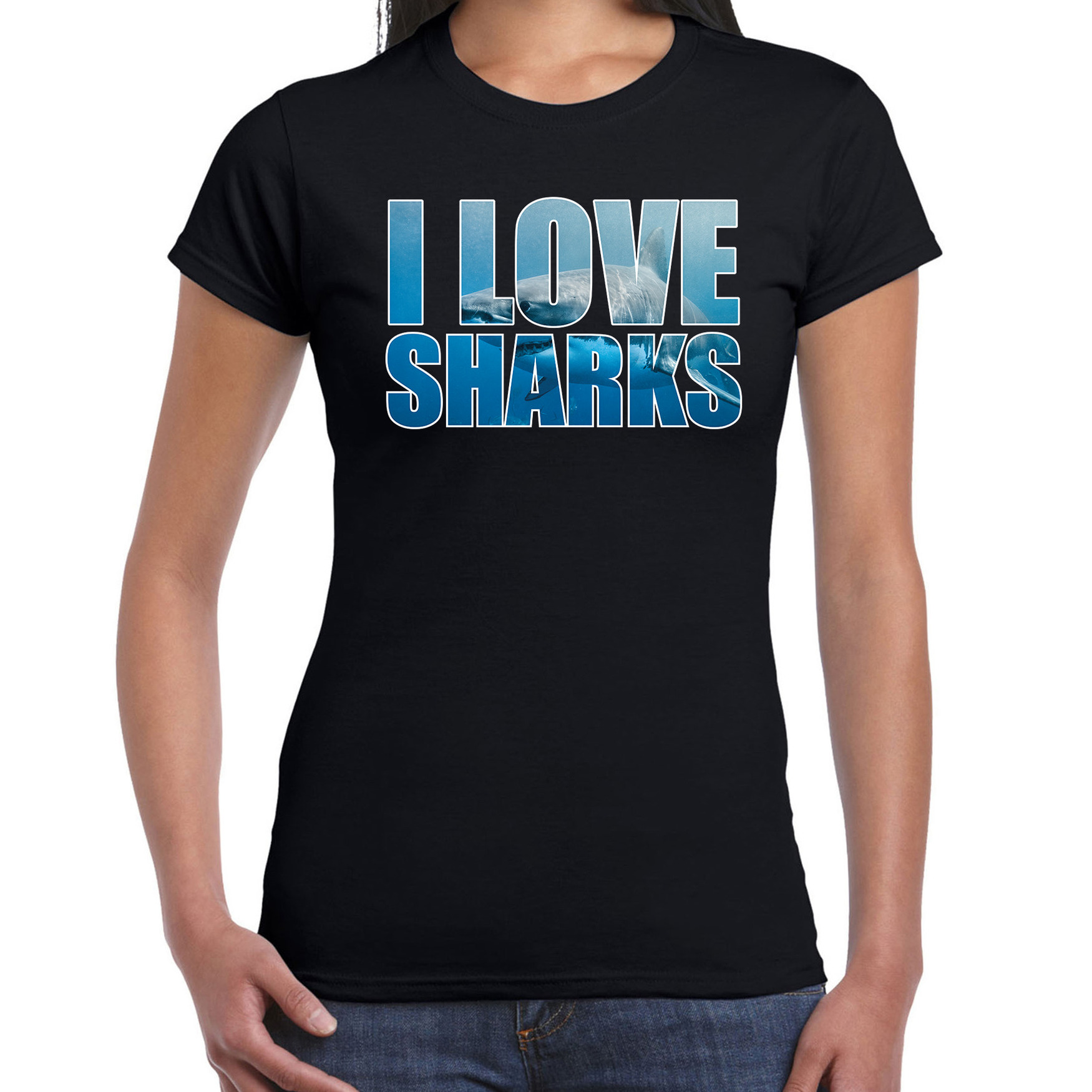 Tekst t-shirt I love sharks met dieren foto van een haai zwart voor dames