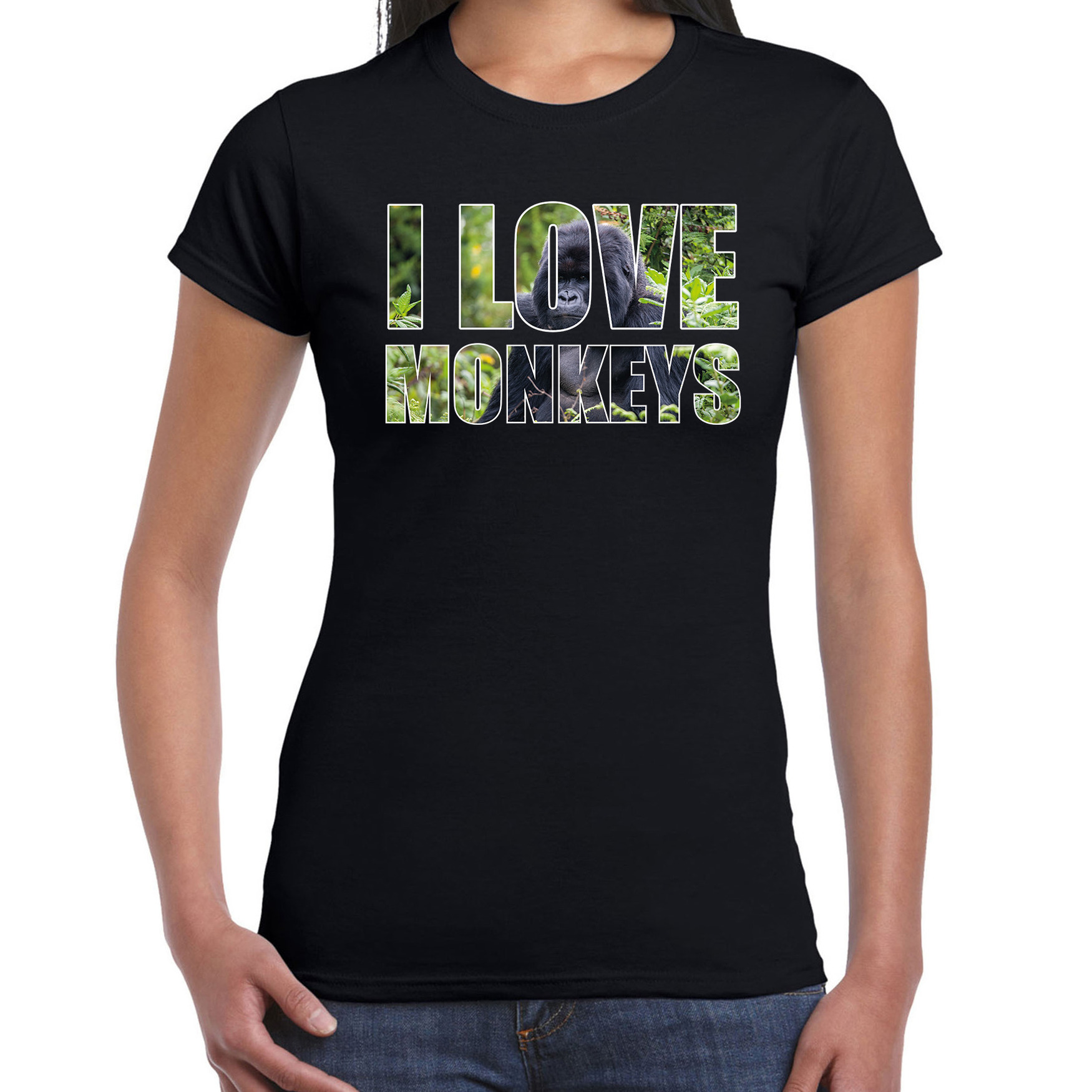 Tekst t-shirt I love monkeys met dieren foto van een gorilla aap zwart voor dames