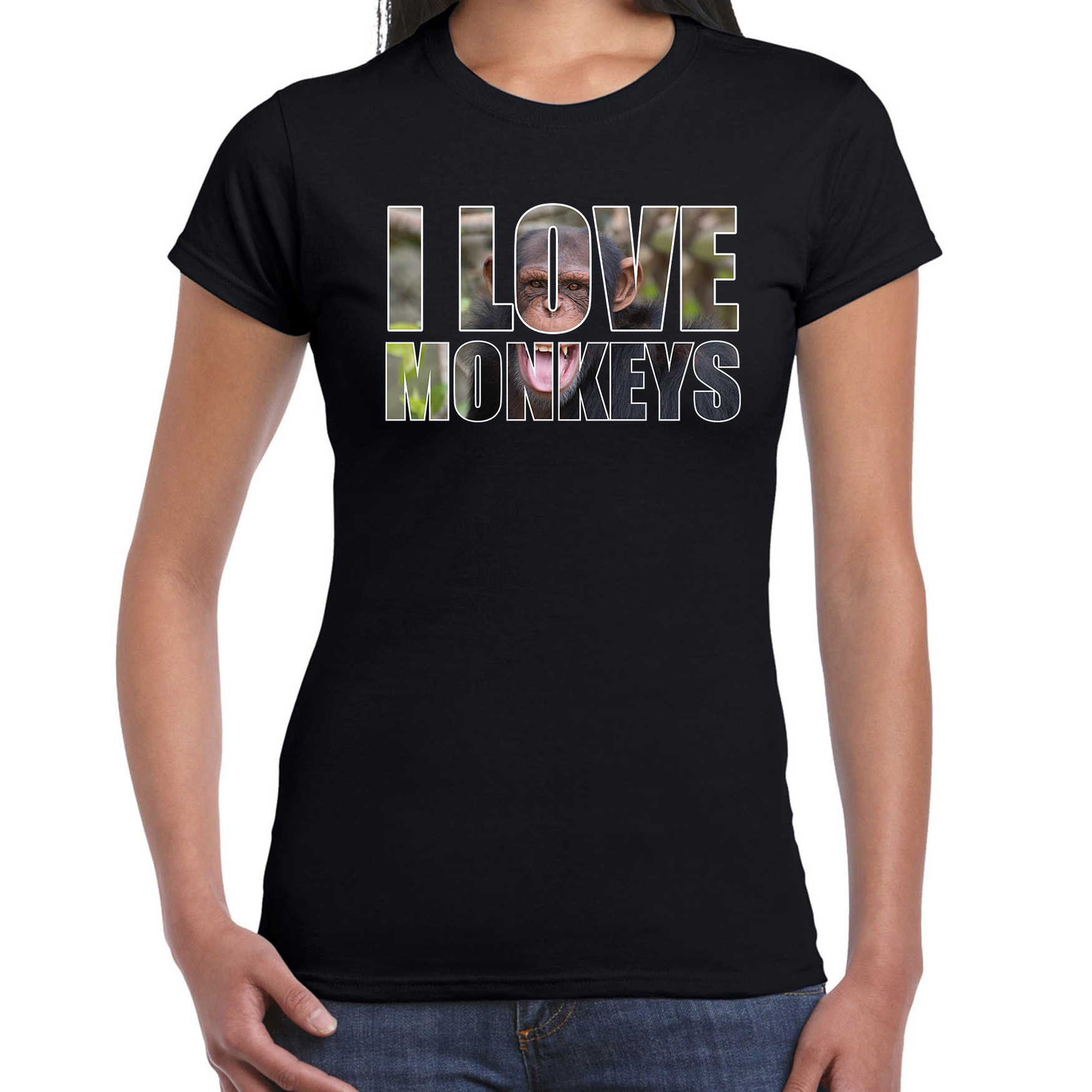 Tekst t-shirt I love chimpanzee monkeys met dieren foto van een chimpansee aap zwart voor dames