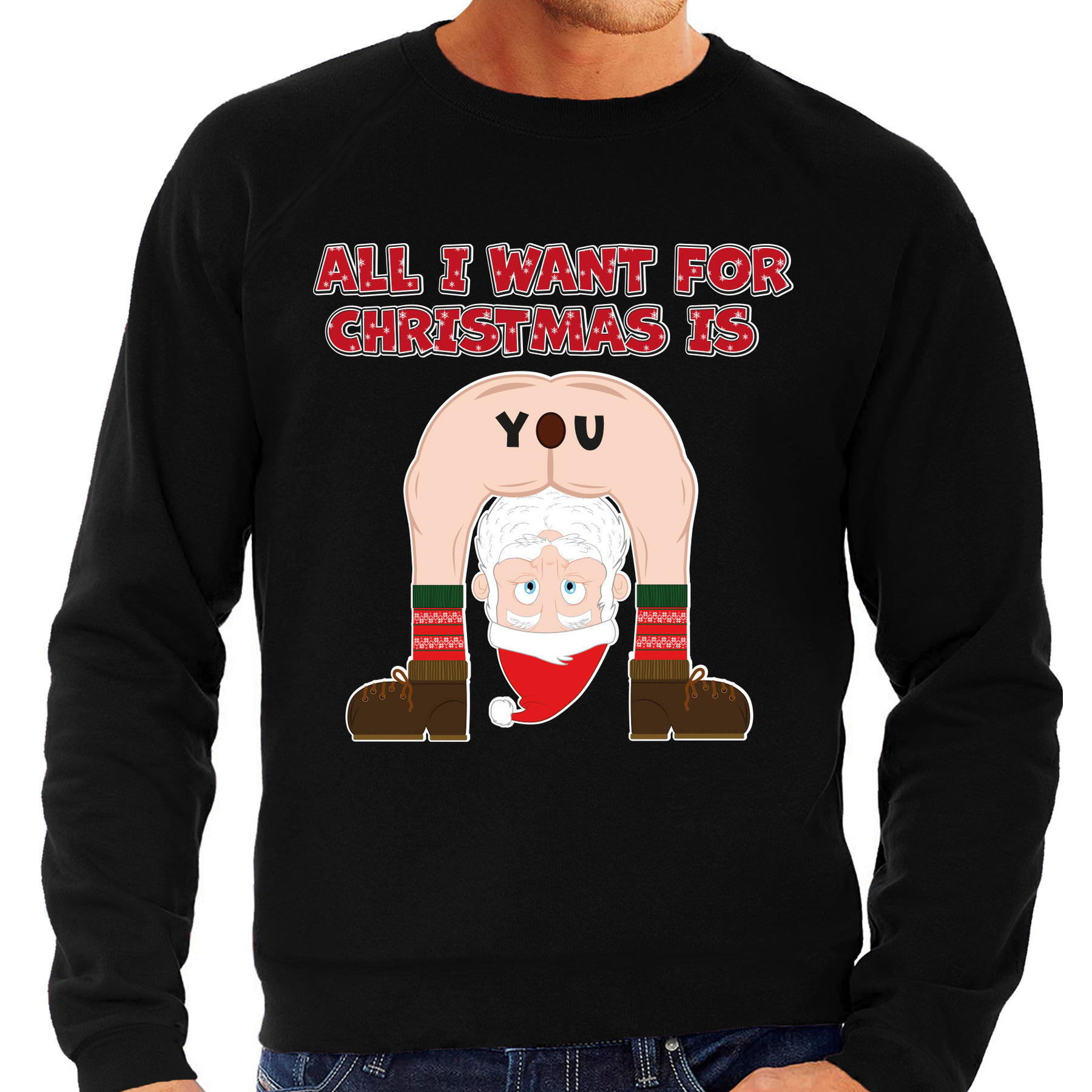 Foute Kersttrui / sweater voor heren - All I Want is - zwart - blote kont - kerstman