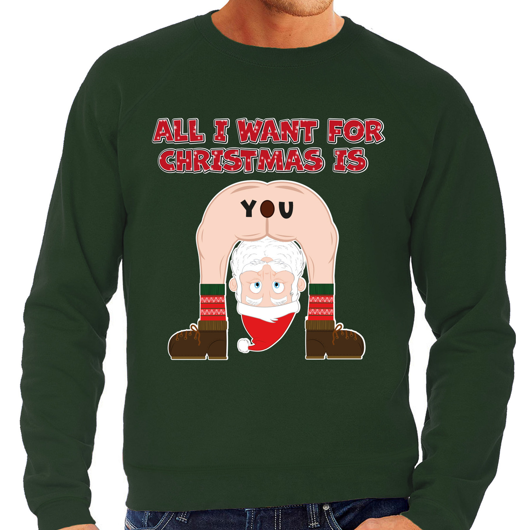 Foute Kersttrui / sweater voor heren - All I Want is - groen - blote kont - kerstman