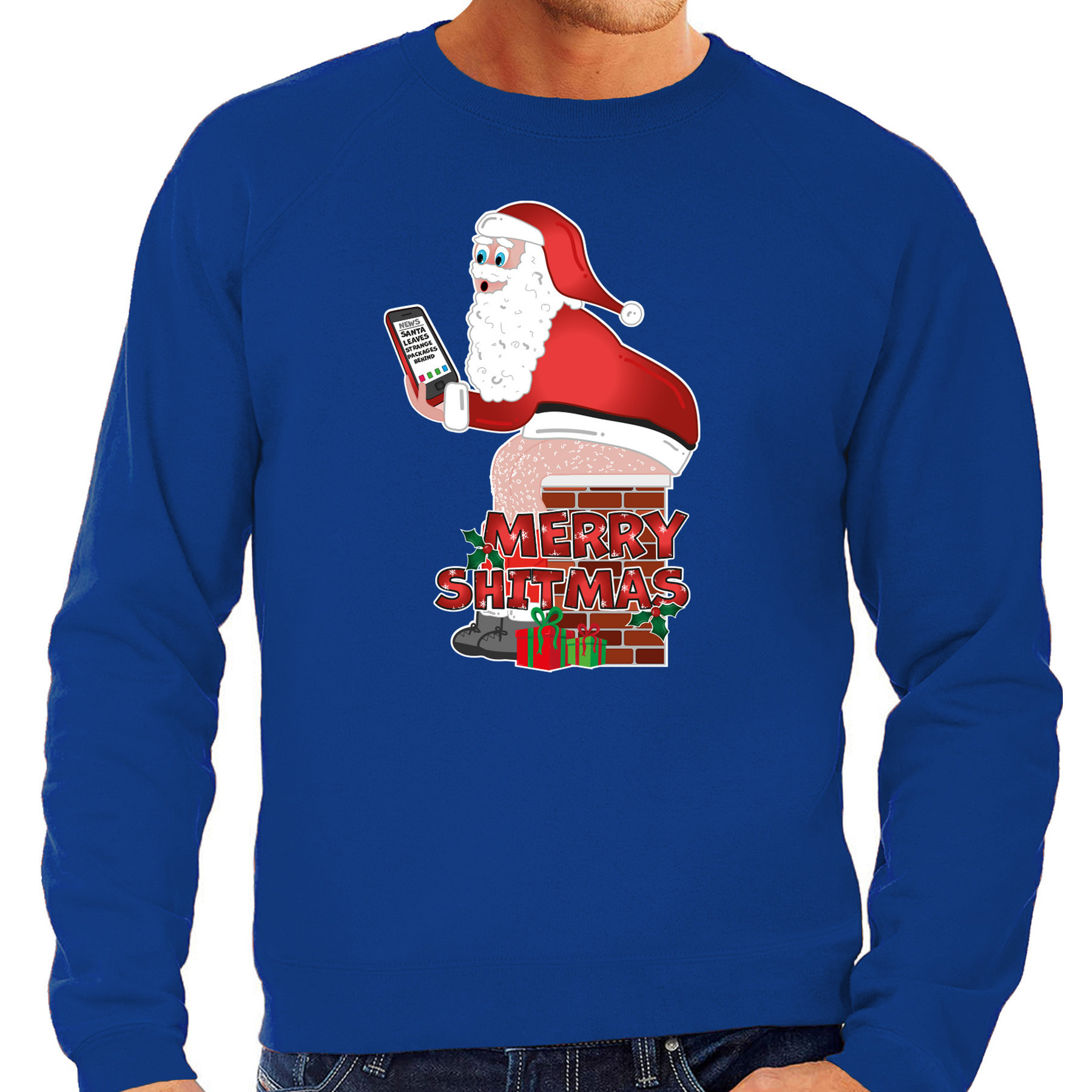 Foute Kersttrui - sweater voor heren - Merry shitmas - blauw - Kerstman op de wc