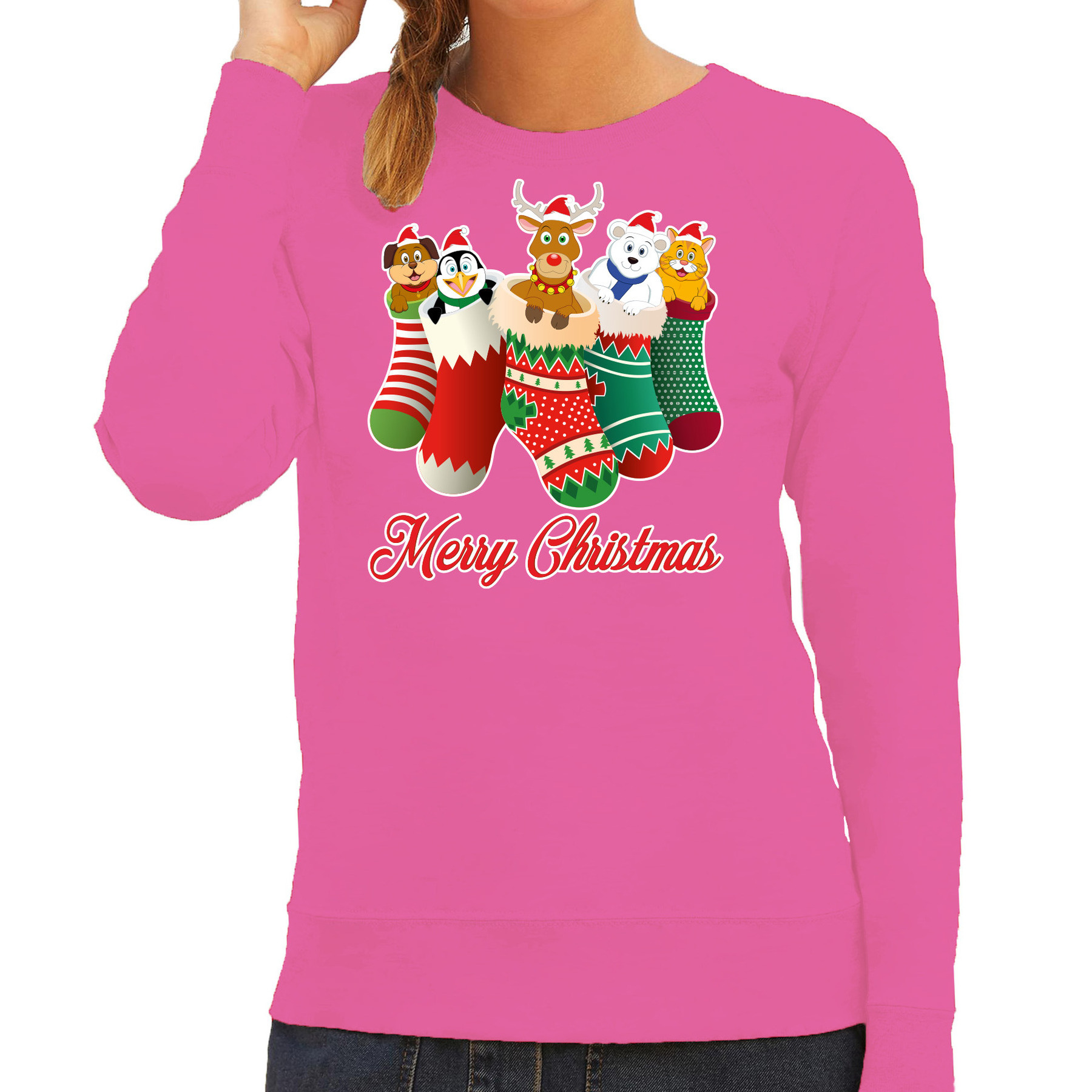 Foute Kersttrui - sweater - kerstsokken met diertjes - Merry Christmas - roze - voor dames