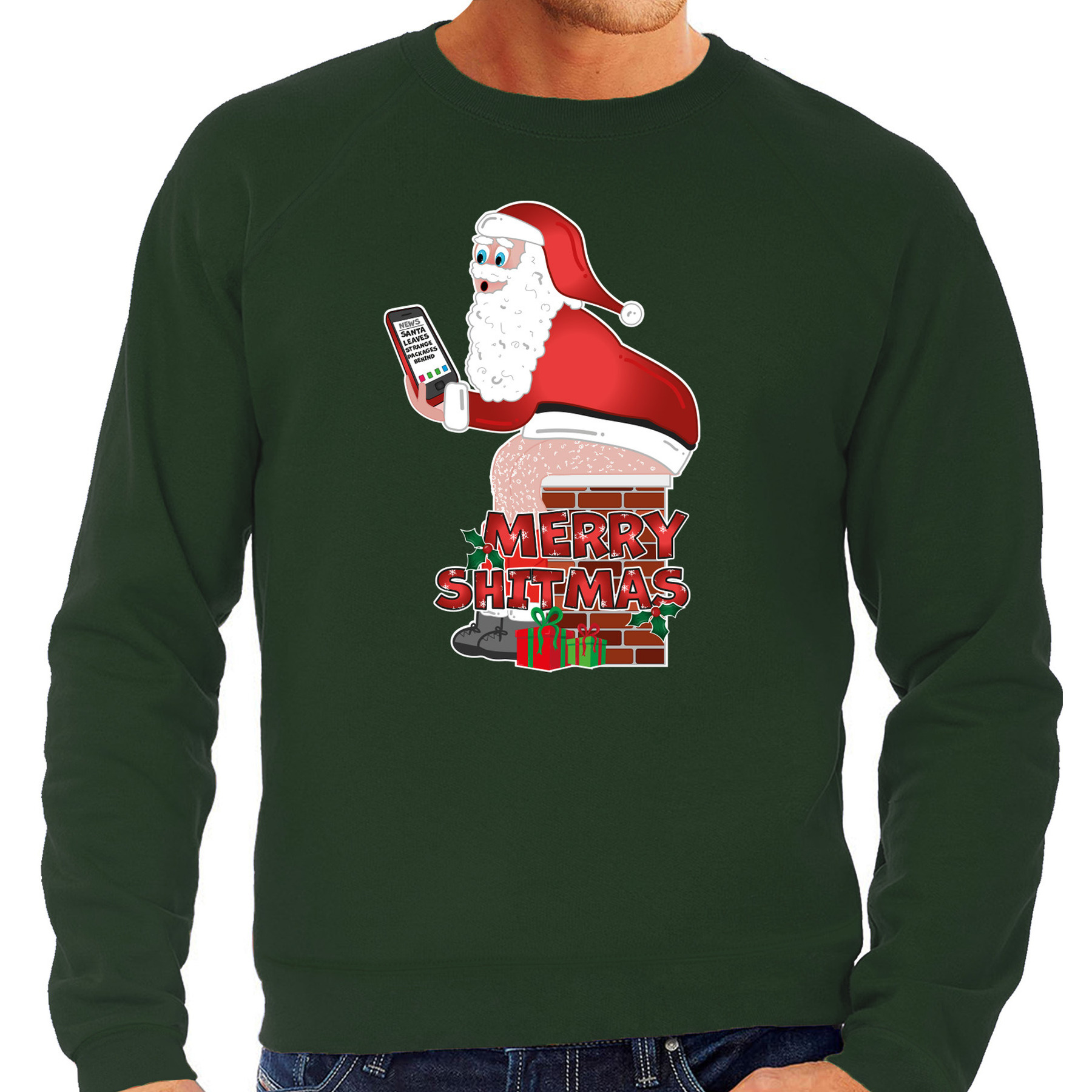 Foute Kersttrui - sweater voor heren - Merry shitmas - groen - Kerstman op de wc