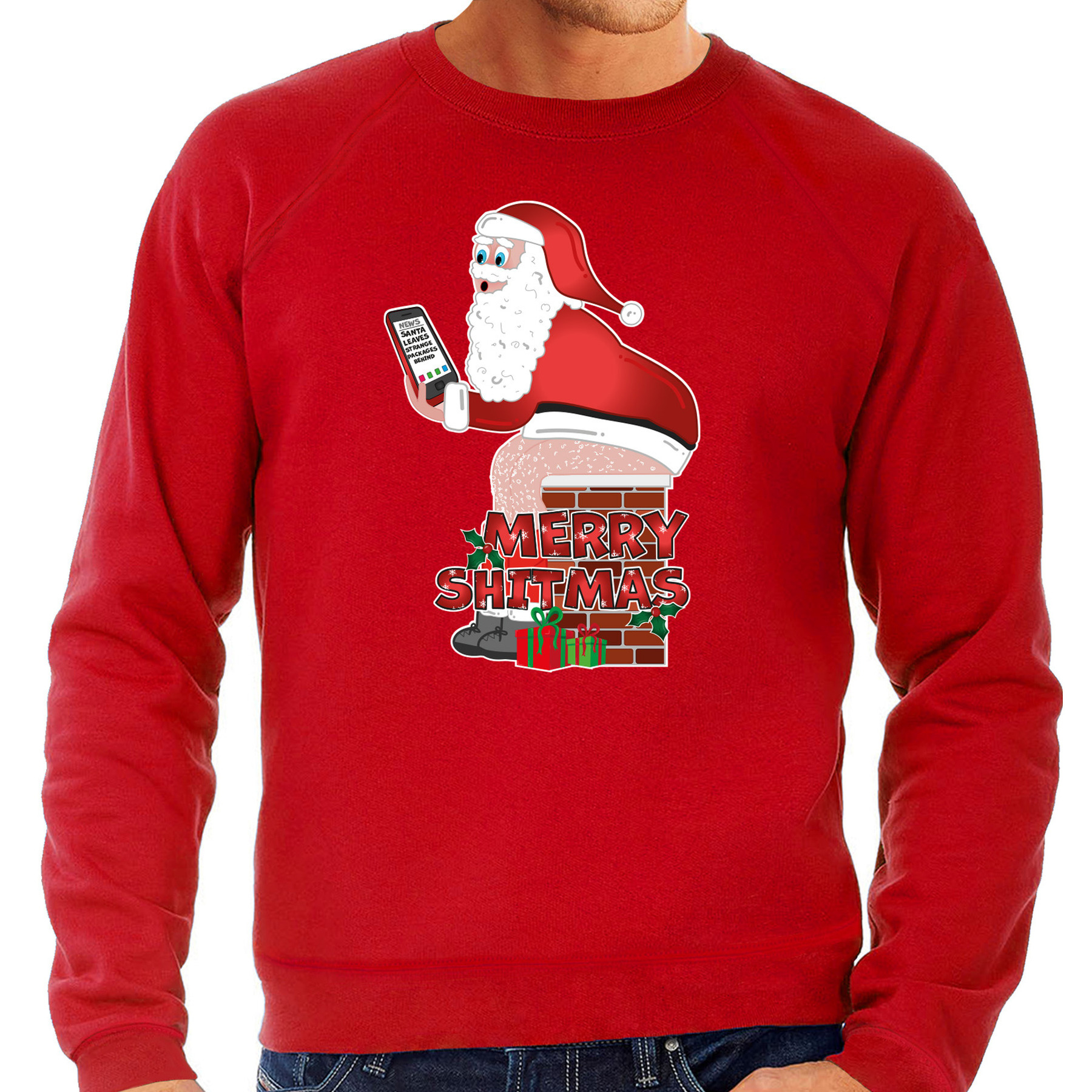Foute Kersttrui - sweater voor heren - Merry shitmas - rood - Kerstman op de wc