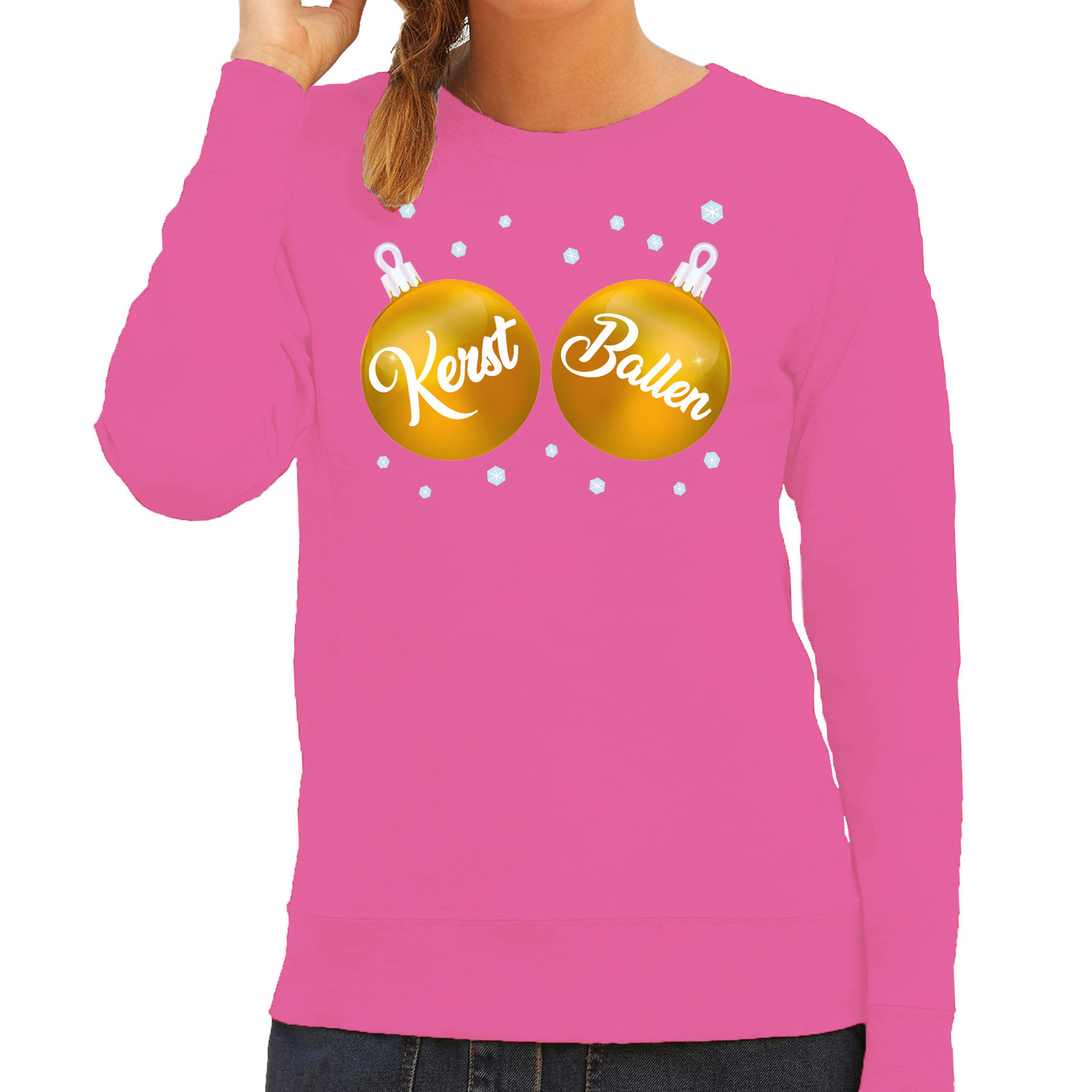 Foute kersttrui - sweater - roze - met gouden Kerst Ballen borsten - voor dames - kerstkleding