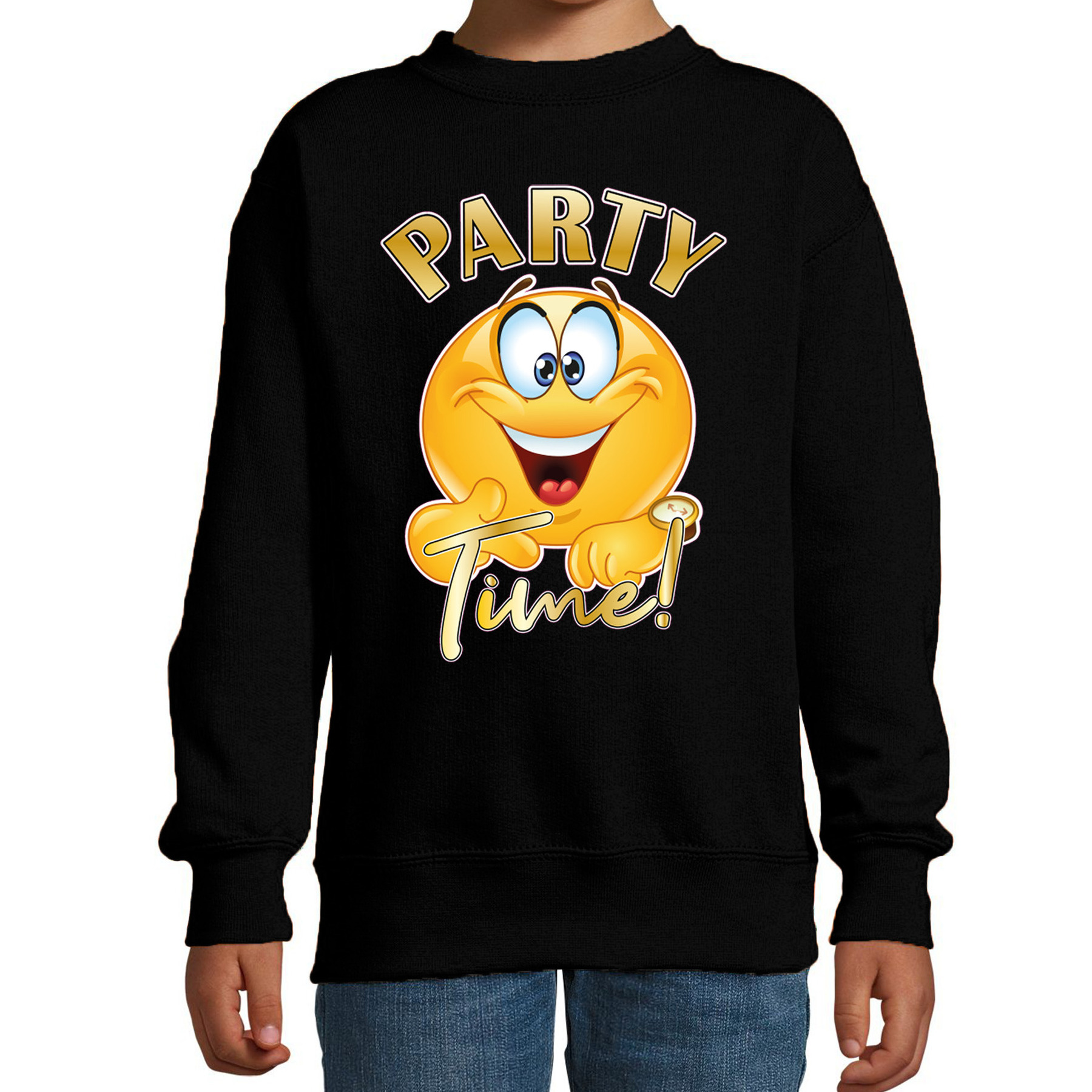 Verkleed sweater voor kinderen - party time emoji - zwart - themafeesten/Carnaval
