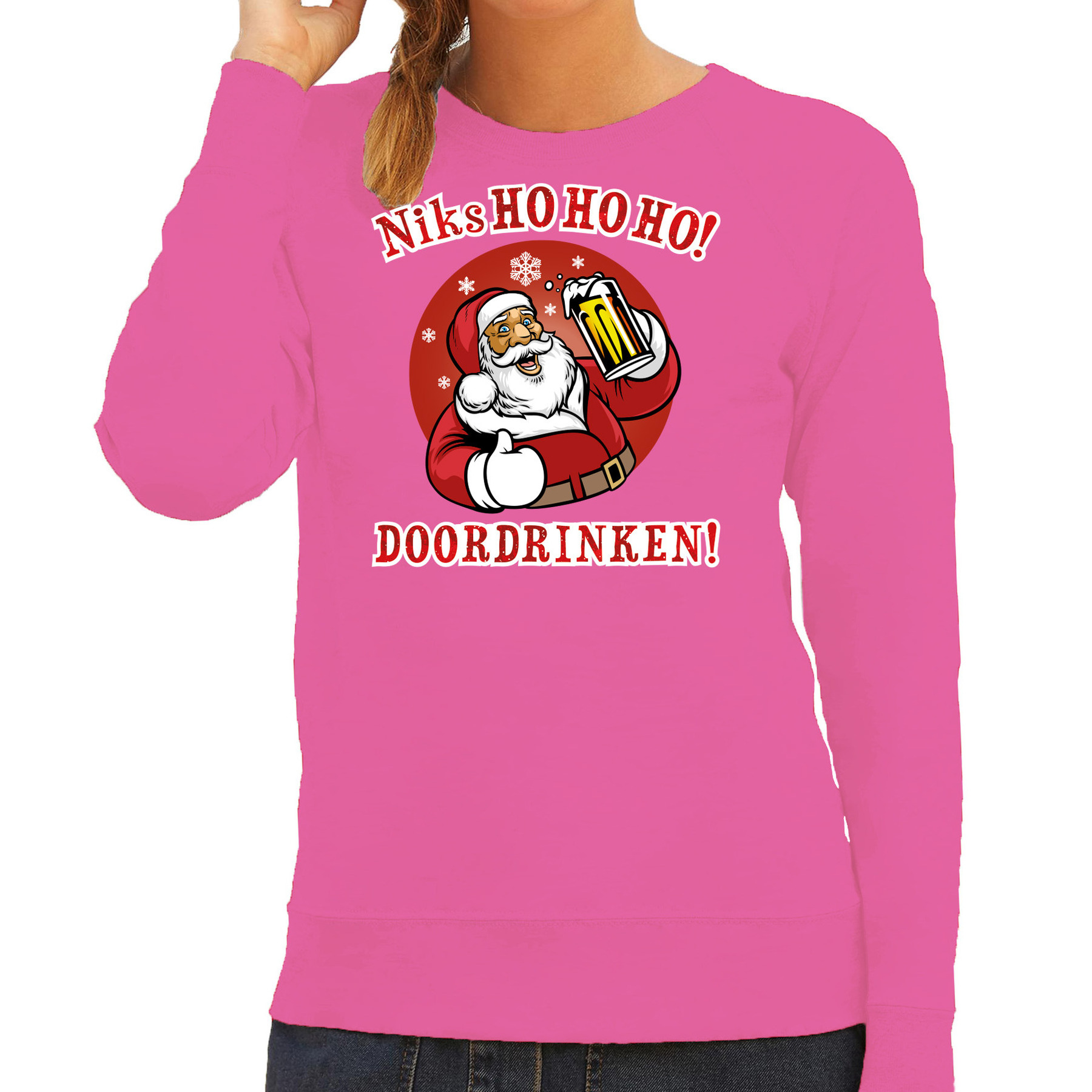BD Foute Kersttrui - Dames - roze - bier drinkende kerstman - drank - sweater kleding