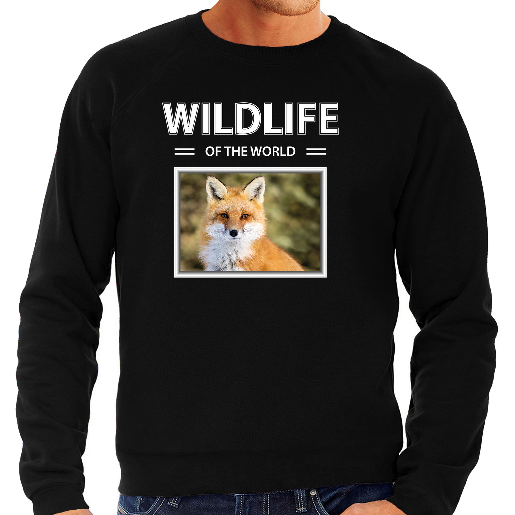 Vos sweater / trui met dieren foto wildlife of the world zwart voor heren