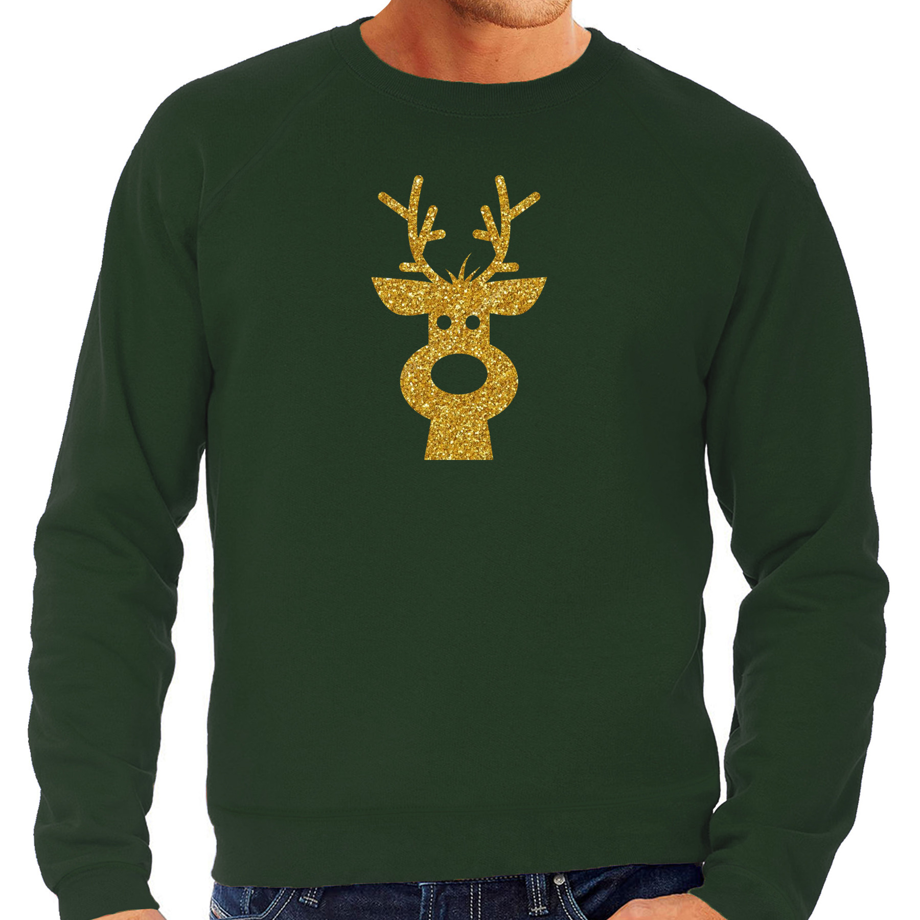 Rendier hoofd Kerst trui - groen - met gouden glitter bedrukking - heren - Kerst kleding