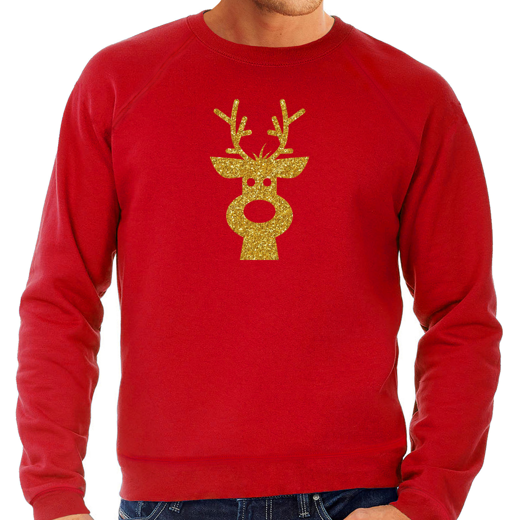 Rendier hoofd Kerst trui - rood - met gouden glitter bedrukking - heren - Kerst kleding