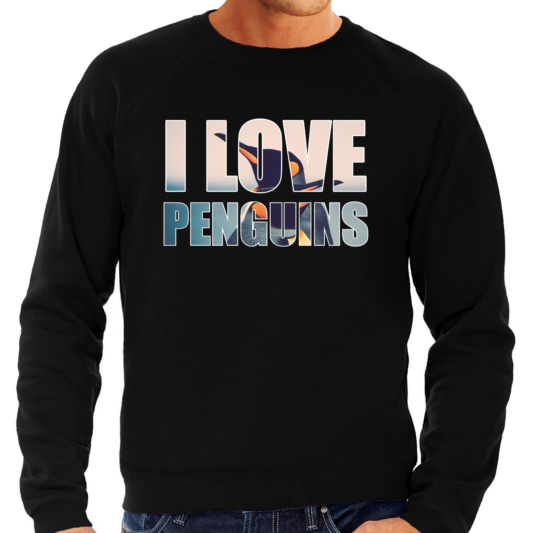 Tekst sweater I love penguins met dieren foto van een pinguin zwart voor heren