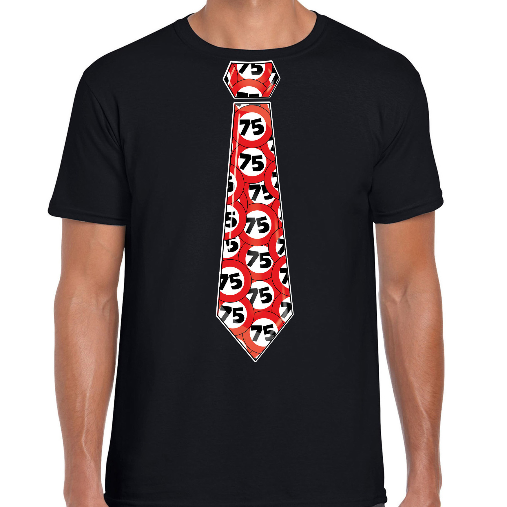 Cadeau T-shirt voor heren - 75 jaar - zwart - stopbord leeftijden - verjaardag